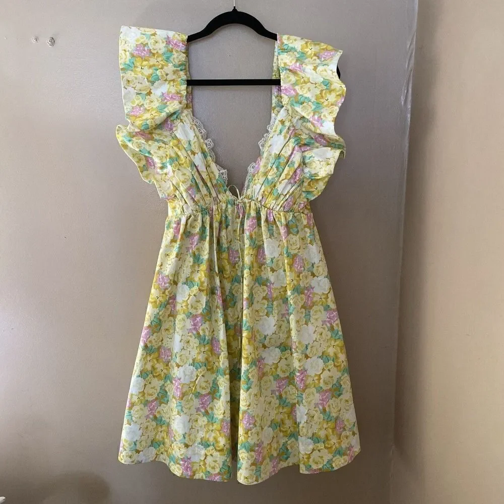 For Love & Lemons Tamra Yellow Floral Cotton Mini Dress Size 1X NWT $248